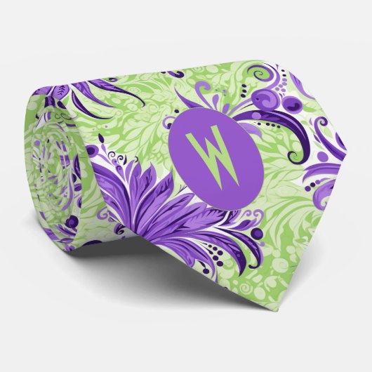 Cravate Monogramme Vert Citron et Lavande (Roulé)