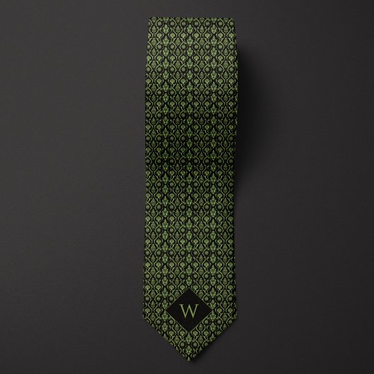Cravate Monogramme vert et noir arabesque complexe