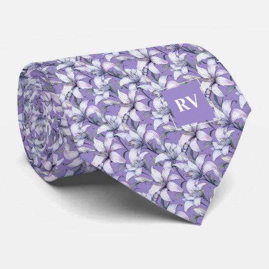 Cravate Monogramme violet Lys de Pâques Floral (Roulé)