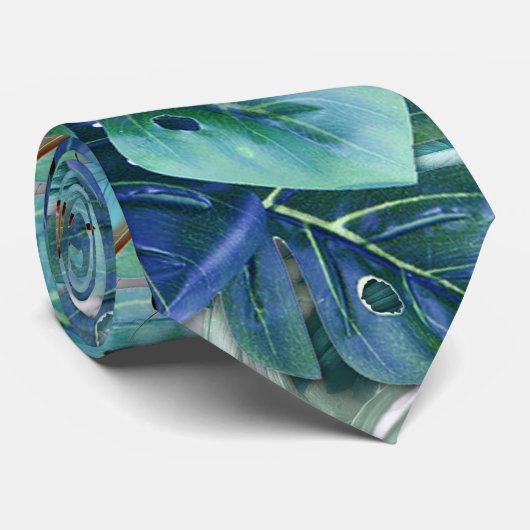 Cravate Monstera bleu turquoise Feuilles et papillons (Roulé)