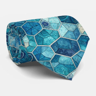 Cravate Mosaique bleue océan à motif polygone irrégulier