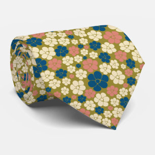 Cravate Motif à fleurs - Bleu, Vert olive, Rose et Crème