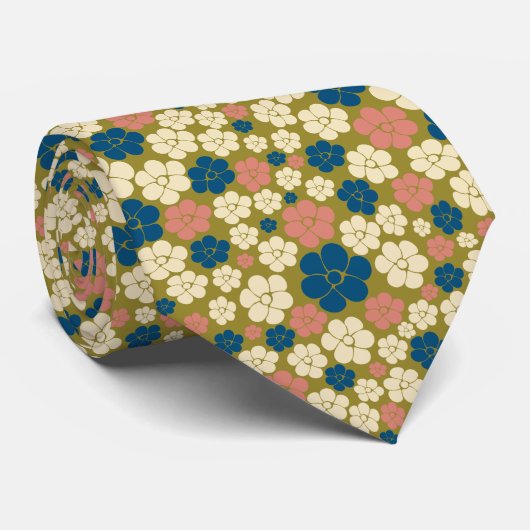 Cravate Motif à fleurs - Bleu, Vert olive, Rose et Crème (Roulé)