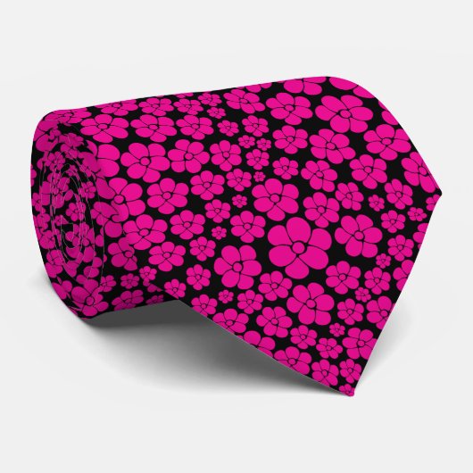 Cravate Motif à fleurs - Magenta et noir (Roulé)