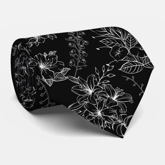 Cravate Motif à fleurs plates 01b Noir BG (Roulé)