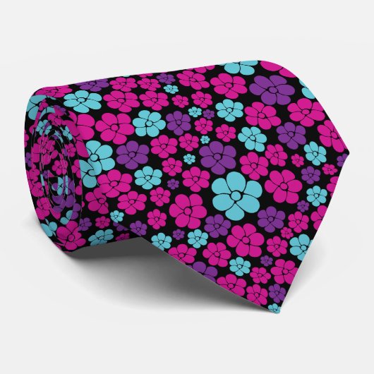 Cravate Motif à fleurs - rose, violet, bleu et noir (Roulé)