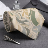Cravate Motif Abstrait de Feuillage Vert Sauge Beige