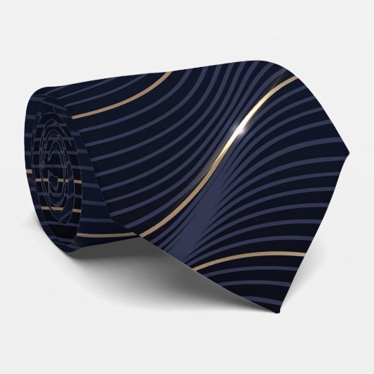 Cravate Motif Abstrait Wavy Blue Gold Lines (Roulé)