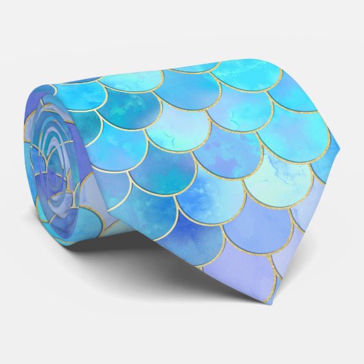 Cravate Motif Aqua Pearlescent & Gold Mermaid (Roulé)