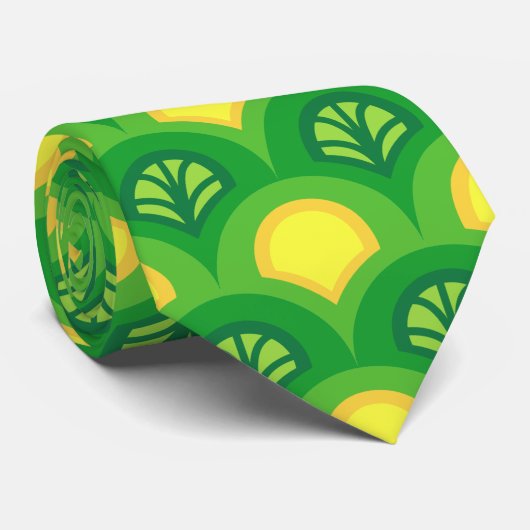 Cravate Motif art déco de pétoncle vert et jaune (Roulé)