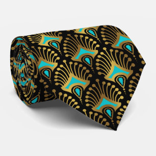 Cravate Motif Art déco or et bleu sur noir