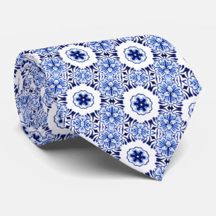 Cravate Motif artistique floral bleu de Delft classique ch