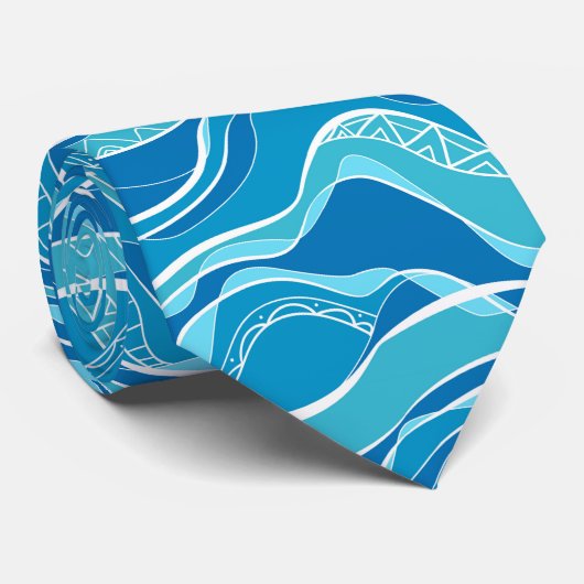 Cravate Motif avec vagues bleues avec motif tribal blanc (Roulé)