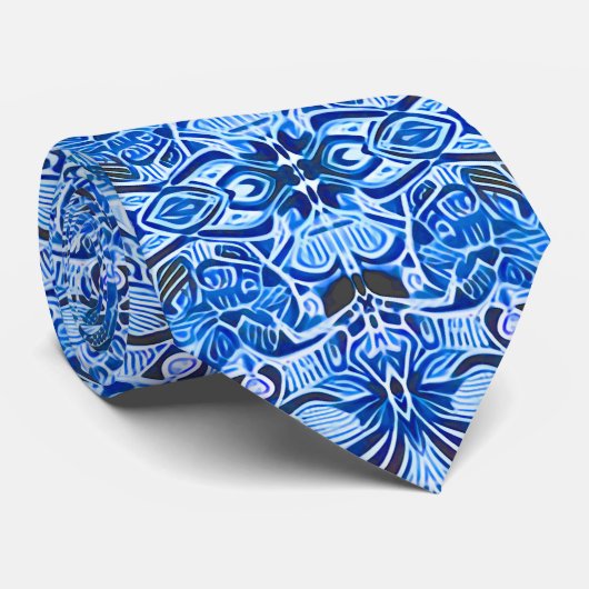 Cravate Motif Batik tribal en Indigo bleu et blanc (Roulé)