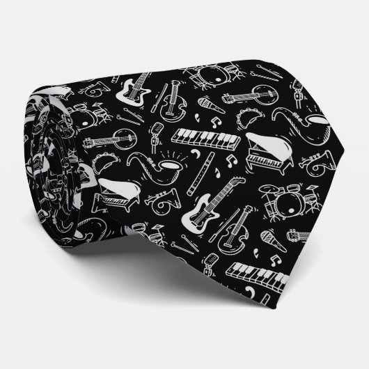 Cravate Motif Black & White Instruments (Roulé)