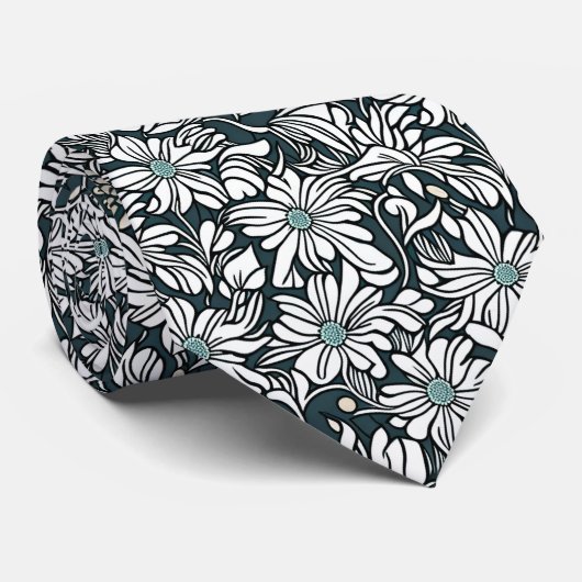 Cravate Motif blanc de marguerite sur Arrière - plan vert  (Roulé)