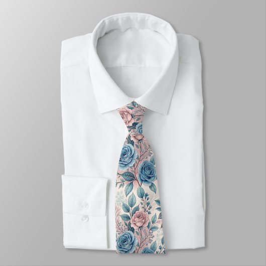 Cravate Motif bleu et rose sur blanc doux (Attaché)