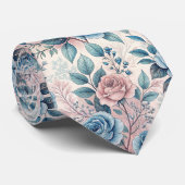 Cravate Motif bleu et rose sur blanc doux (Roulé)