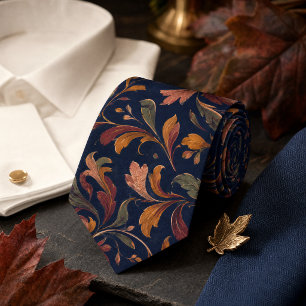 Cravate Motif botanique d'automne – Bleu marine profond