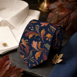 Cravate Motif botanique d'automne – Bleu marine profond