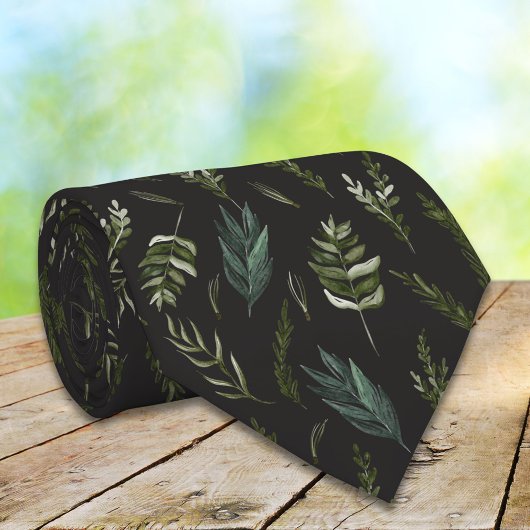 Cravate Motif Botanique de Feuilles Vertes