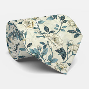 Cravate Motif botanique floral bleu vintage (6)