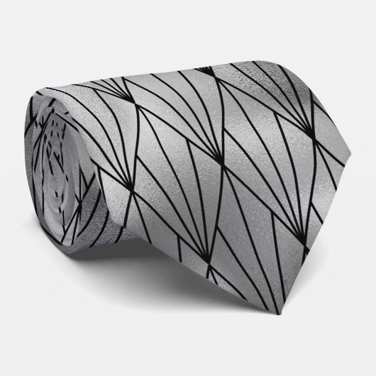 cravate motif carrelé d'art déco noir d'argent (Roulé)