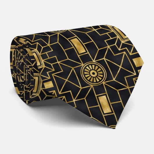 Cravate motif carrelé d'art déco noir or (Roulé)