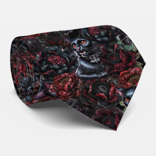Cravate Motif Chat Noir Gothique & Fleurs Sombres