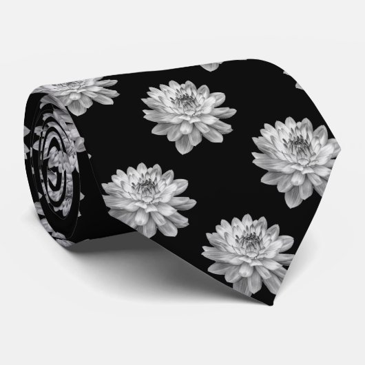 Cravate Motif Chrysanthemum - noir et blanc (Roulé)