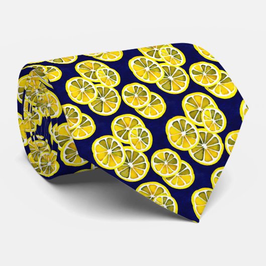 Cravate Motif Citrus Lemon Slices sur fond bleu foncé (Roulé)
