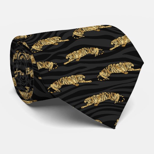 Cravate motif cool de tigre d'or noir (Roulé)