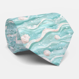 Cravate Motif coquillages et vagues océaniques Aqua (1)