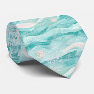 Cravate Motif coquillages et vagues océaniques Aqua (2)