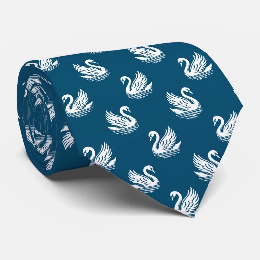 Cravate Motif cygne 02 - Blanc sur bleu océan (Roulé)