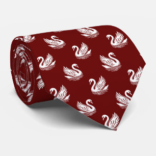 Cravate Motif cygne 02 - Blanc sur rouge foncé