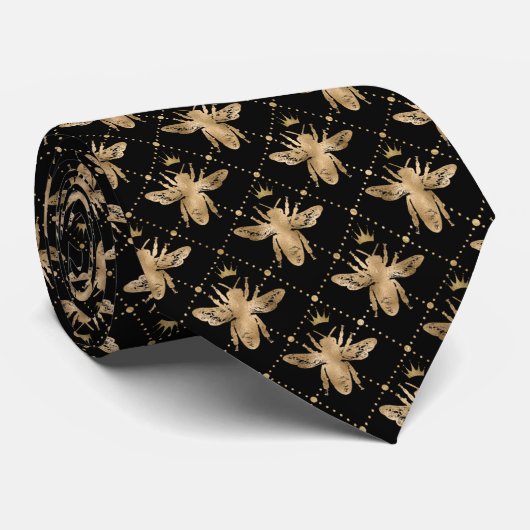 Cravate Motif d'abeille Elegant Noir & Or (Roulé)