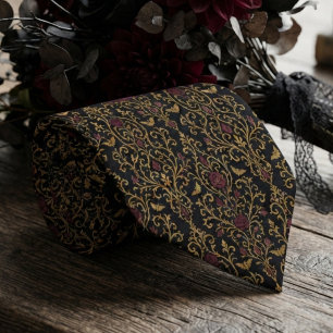Cravate Motif damasque rose gothique noir or