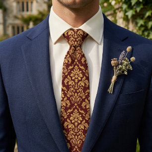 Cravate Motif damassé élégant or et bordeaux