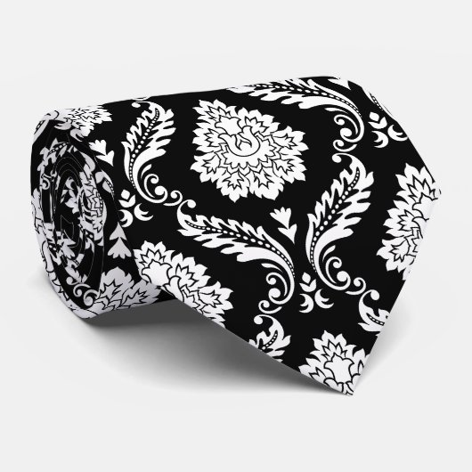 Cravate Motif Damassé Rococo Blanc sur Noir (Roulé)