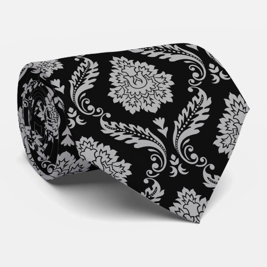 Cravate Motif Damassé Rococo Gris sur Fond Noir (Roulé)