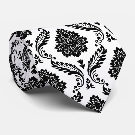 Cravate Motif Damassé Rococo Noir sur Blanc (Roulé)