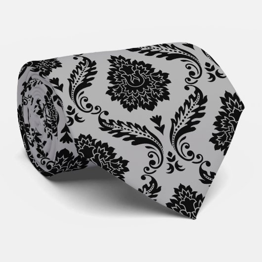 Cravate Motif Damassé Rococo Noir sur Gris (Roulé)