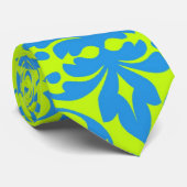 Cravate motif damassé vert citron bleu clair oiseau (Roulé)