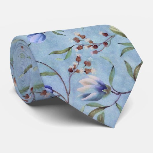 Cravate Motif d'anémones de tulipes bleues et blanches   (Roulé)