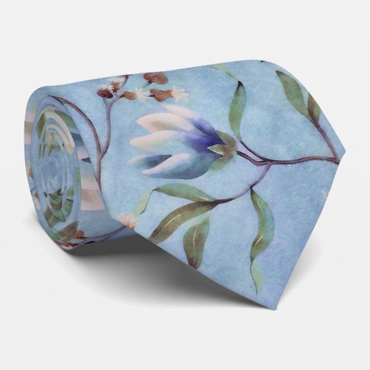 Cravate Motif d'anémones de tulipes bleues et blanches (Roulé)