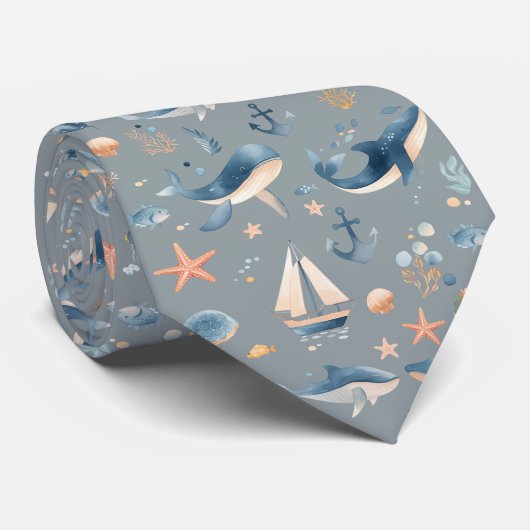 Cravate Motif d'animaux marins à l'aquarelle (Roulé)