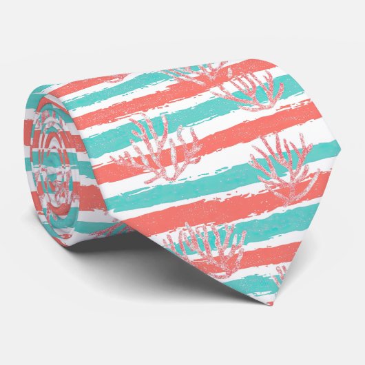 Cravate Motif d'aquarelle côtière à rayures de corail (Roulé)