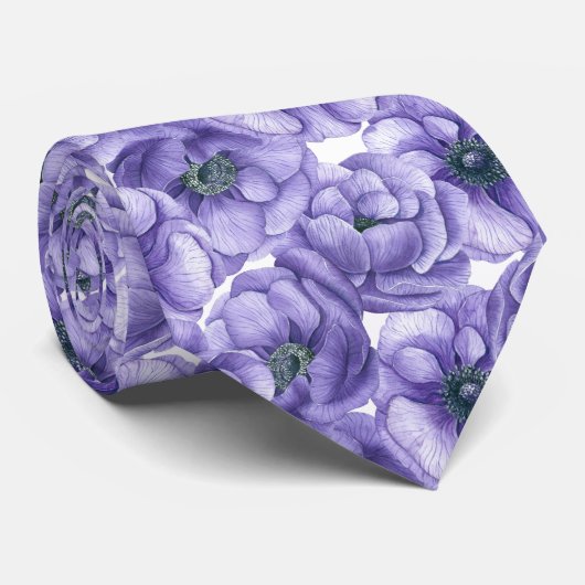 Cravate Motif d'aquarelle de fleurs d'anémone violet (Roulé)