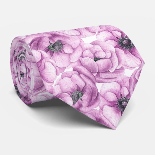 Cravate Motif d'aquarelle des fleurs d'anémone (Roulé)
